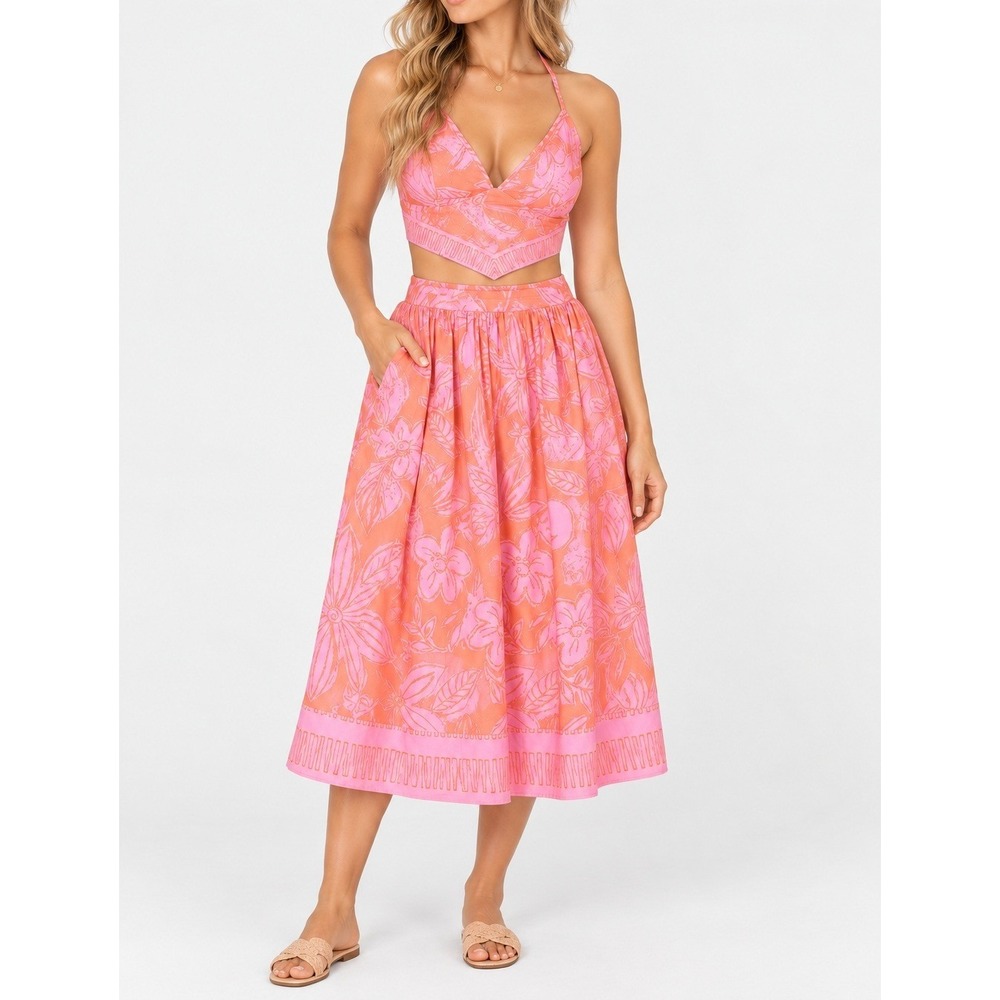 Free People Copa Cabana Set Floral Halter Top and Maxi Skirt Set Pink M